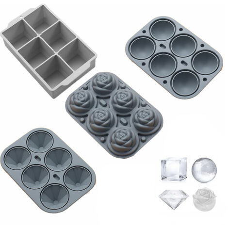 Bac à glaçons avec couvercle, moules à glaçons en silicone ronds, carrés, en forme de losange et de rose, grand format, idéal pour le whisky, le bourbon et les cocktails. Démoulage facile. Sans BPA.