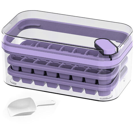 Bac à glaçons double couche 64 pièces, moule à glace facile à démouler, boîte de rangement pour congélateur violet