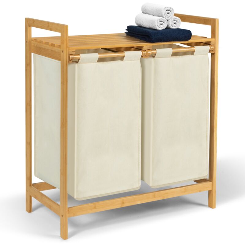 Idmarket - Panier à linge 2 bacs bambou bea tissu écru