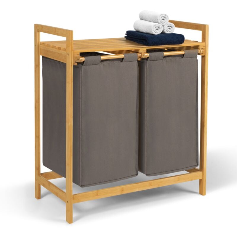 Panier à linge 2 bacs bambou bea tissu gris foncé