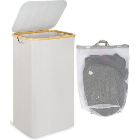 Bac a Linge Grand Panier à Linge avec Couvercle, 100L Grand panier linge sale avec Poignées en Bambou pour Vêtements, laundry basket Pliable XXL avec Sac Intérieur Beige