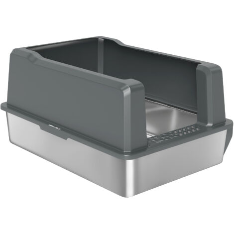 Bac à litière chat acier inoxydable 85L grande capacité maison toilette semi-fermée 71x50,8x35,5 cm gris
