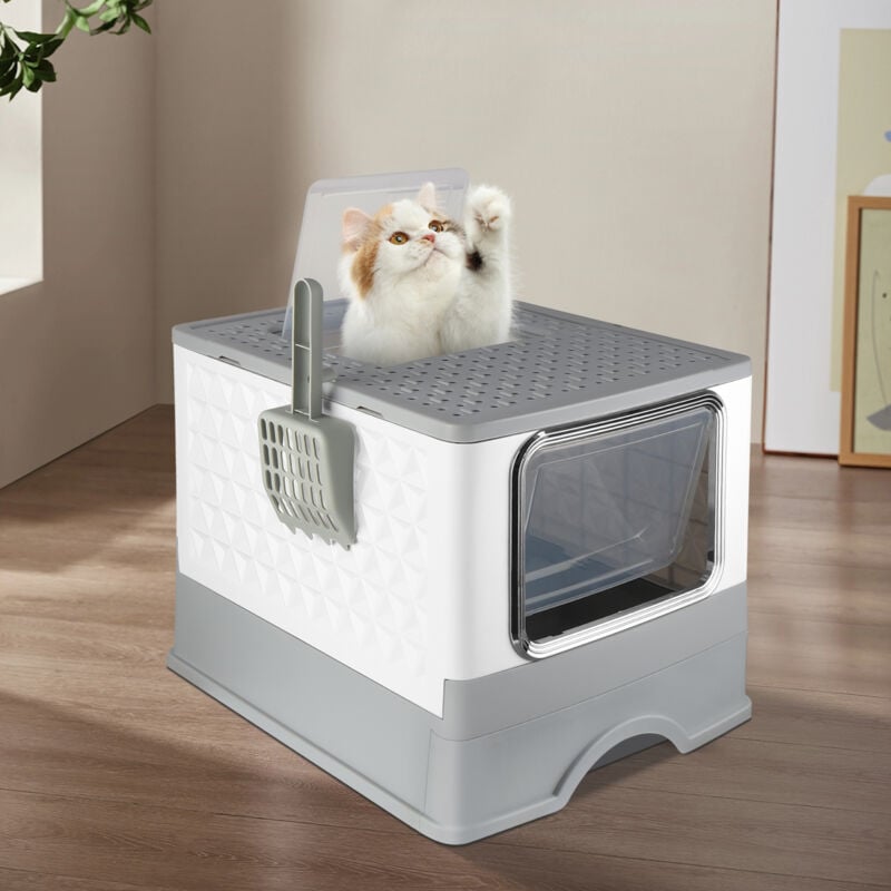 Bac à Litière Chat Maison de Toilette pour Chats avec Plateau,Pelle Anti Odeur Caisse Litière Fermée 36x49x35cm Gris