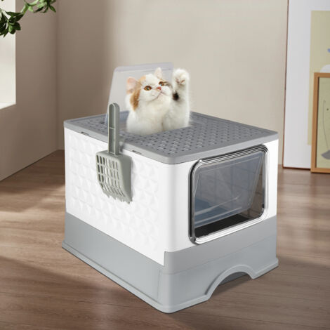Bac à Litière Chat Maison de Toilette pour Chats avec Plateau,Pelle Anti Odeur Caisse Litière Fermée 36x49x35cm Gris