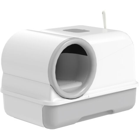 Bac à litière clos XXL en polypropylène, cabine de toilette pour chat adulte, avec couvercle et pelle 59 x 39,5 x 39,5 cm gris clair