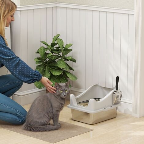 Bac à litière en acier inoxydable, maison de toilette pour chat, bords hauts, nettoyage facile