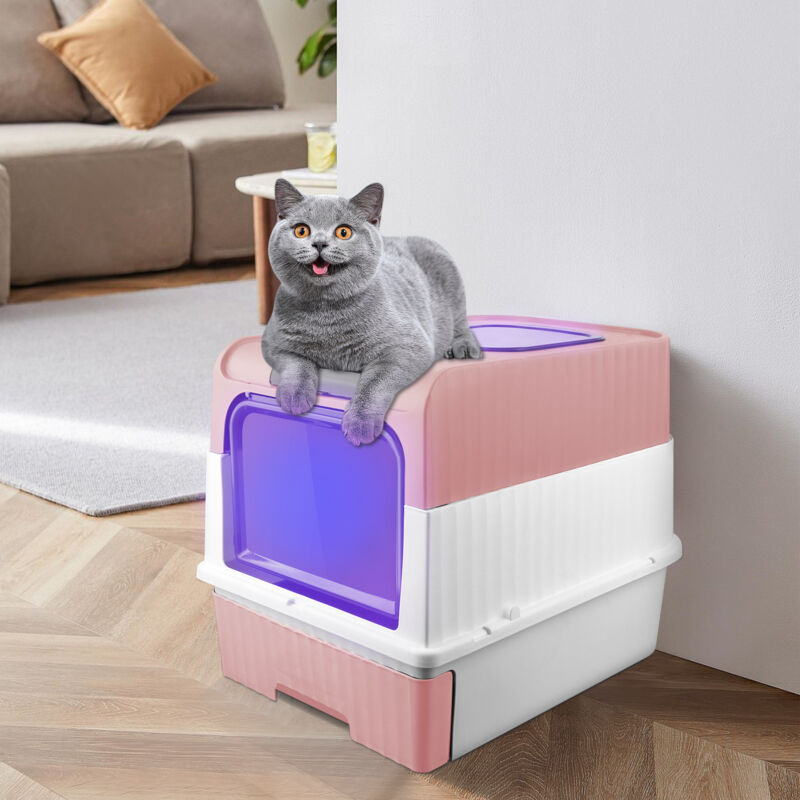 Bac à litière, Fonction de Stérilisation et de Désodorisation UV, Facile à Nettoyer, pour Chat jusqu'à 15KG, Rose