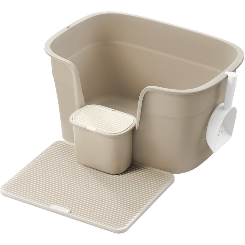 Bac à Litière, Litière Extra Large avec Paroi Latérale, avec Un Tapis de Litière, Boîte de Rangement, Pelle, pour Grand Chat, Beige Cappuccino