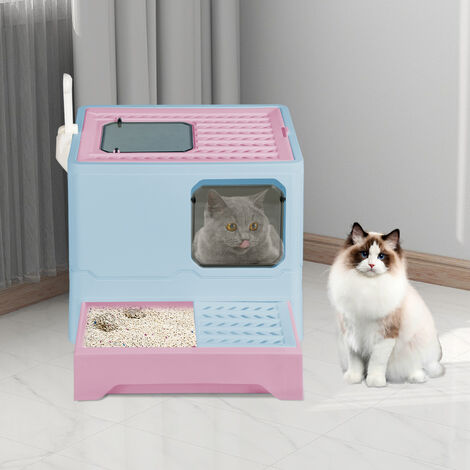 Bac à litière pliable pour chat - Entrée avant et sortie supérieure - Très grand espace - Maison de toilette pour chats avec bacs amovibles + pelle à litière (bleu)