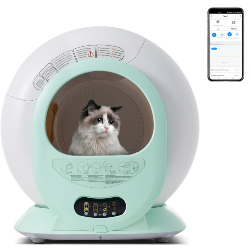 Bac à litière pour chat autonettoyant, 65L, création automatique, capteur infrarouge, élimine les odeurs, contrôlé par application, blanc