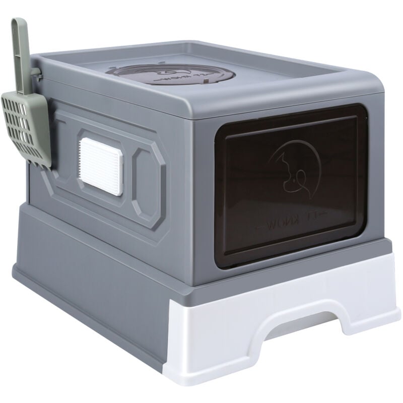 Bac à litière pour Chat avec Couvercle, Grand Bac à Litière Fermé, Anti-éclaboussures, avec Tiroir, Pelle, Brosse de Massage, Gris