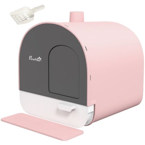 Bac à litière pour chat avec couvercle, pelle à litière, tapis anti-salissures, en plastique, rose et noir