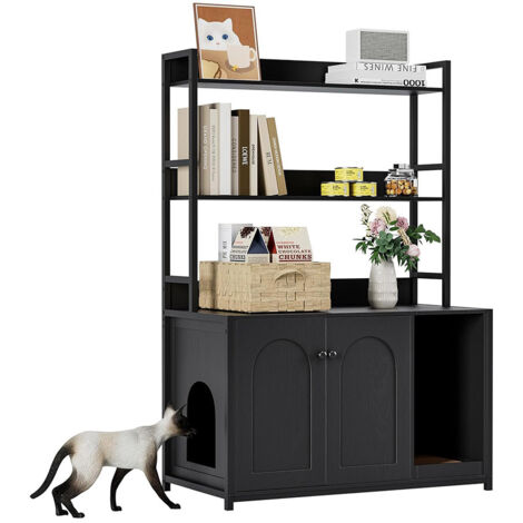 Bac à litière pour chat avec étagères, meuble en bois dissimulé avec 2 portes, abri d'intérieur pour chat avec griffoir, avec la plupart des présentoirs de rangement pour chats - Noir