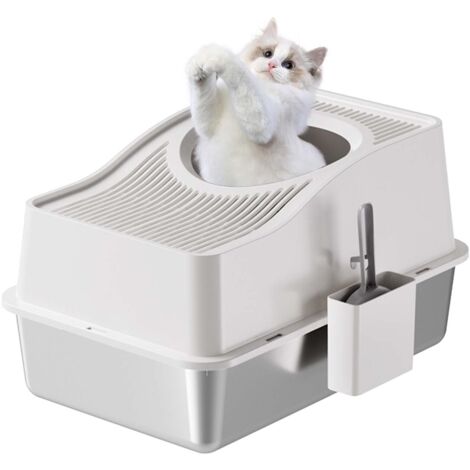 Bac à litière pour Chat en Acier Inoxydable avec Couvercle, Grand bac à litière pour Chat, bac à litière fermé en Acier Inoxydable, étanche, Facile à Nettoyer, n'absorbe Pas Les odeurs - blanc - 60x40