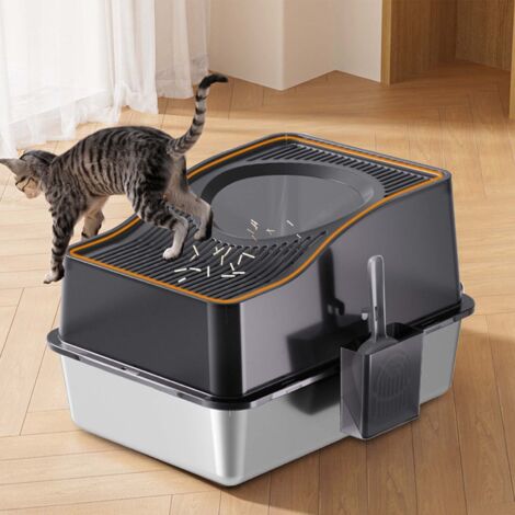 Bac à litière pour Chat en Acier Inoxydable avec Couvercle, Grand bac à litière pour Chat, bac à litière fermé en Acier Inoxydable, étanche, Facile à Nettoyer, n'absorbe Pas Les odeurs - Noir