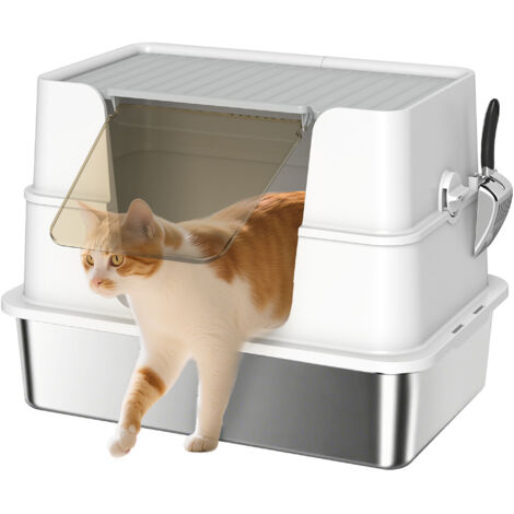 Bac à litière pour chat, en acier inoxydable, grand format, avec pelle, gris clair