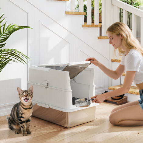 Bac à litière pour chat fermé. maison de toilette pour chat en acier inoxydable. 60.2 x 40.2 x 43.7 cm. gris clair