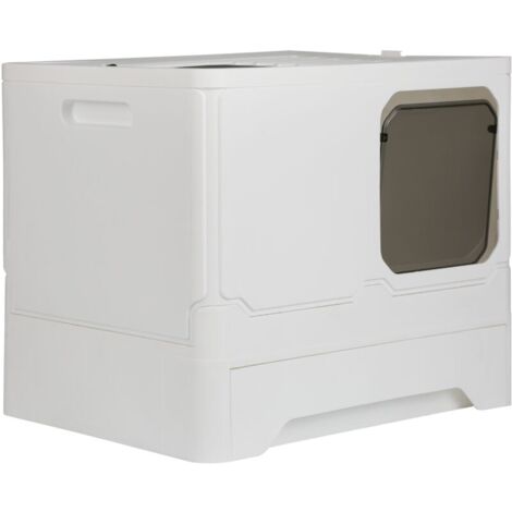 Bac à Litière pour Chat, Grande Toilette Fermée Pliable pour Chat avec Couvercle, avec Pelle Plateau Amovible, Blanc