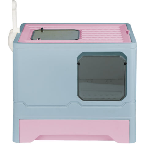 Bac a litiere pour Chat, Maison de Toilette Chat fermée, Caisse Chat litiere, pelle fournis, Compartiment Inférieur Amovible, Bleu 45x35x38cm