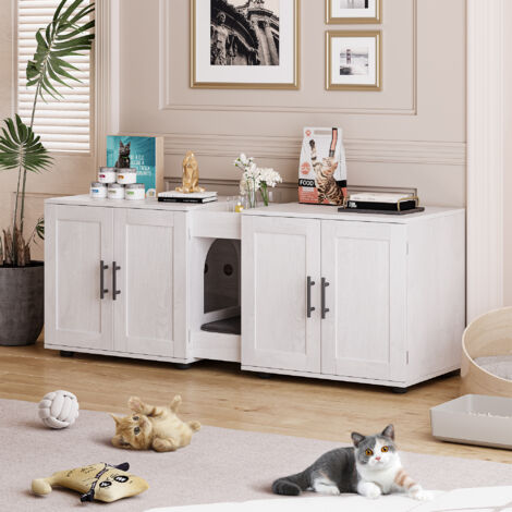 Bac à litière pour chat, Meubles de bac à litière cachés, Maison intérieure pour animaux de compagnie en bois,140x45x57cm,Blanc