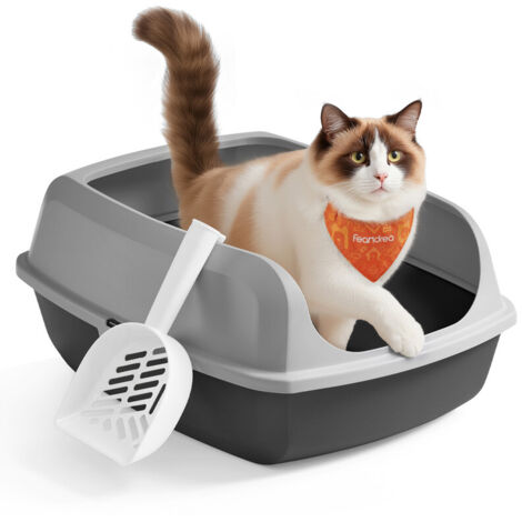Bac à Litière pour Chat, Parois Hautes, XXL, Ouvert sur le Dessus, avec Pelle, pour Chatons et Grands Chats, Gris Ardoise