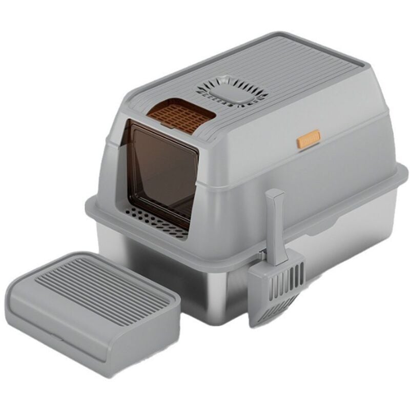 Bac à litière pour chat xxl Grand bac à litière en acier inoxydable Bac à litière pour chat avec parois latérales hautes Pelle épaissie