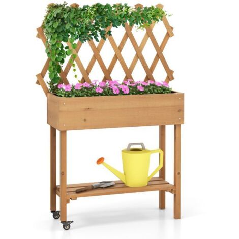 Bac à Planter Surélevé Mobile en Bois avec Treillis, Bac de Jardin Ergonomique à Roulettes Verrouillables, Espace de Culture pour Plantes Grimpantes