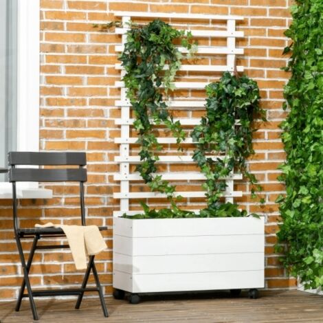 Bac à plantes sur roulettes avec treillis en bois blanc 76 x 30 x 155 cm