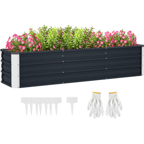 Bac à plantes surélevé 183x47x40 cm, acier gris, jardinière pour jardin et balcon, livré avec gants de jardinage