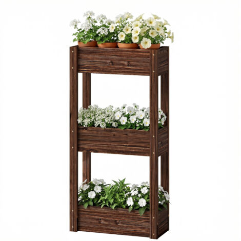 Bac à Plantes Surélevé 3 Niveaux avec Pieds, Jardinière à Drainage et Doublure, 60x25x120 cm, Marron