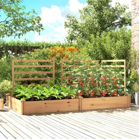 Bac à plantes surélevé avec treillis en bois, jardinière avec 3 cloisons de treillis et fond ouvert, 240 x 125 x 102 cm, bois naturel