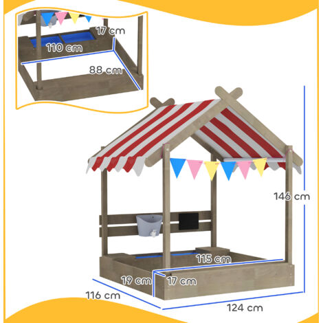 Bac à sable avec parasol, style maisonnette, avec ensemble de jouets, bois massif traité, 124 x 116 x 146 cm, gris