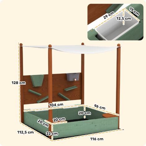 Bac à sable avec pare-soleil pour enfants, 2 bacs de rangement, 116 cm (L) x 112,5 cm (l) x 128 cm (H), bois de sapin, plastique, vert