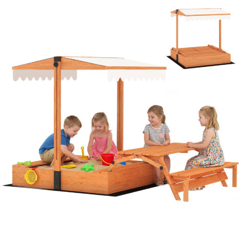 Bac à sable avec toit en bois, table de pique-nique pliante et bancs pour 3-8 ans, 184 x 110 x 120 cm, marron
