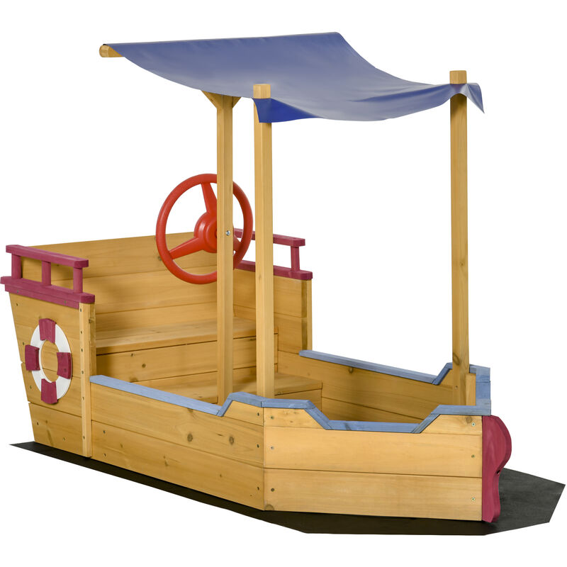 Bac à sable bateau de pirate en bois - voile d'ombrage, coffre rangement, gouvernail - bois sapin pré-huilé - Orange
