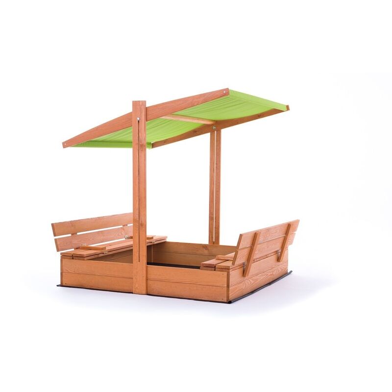 Bac à sable - bois - avec toit et bancs - 120x120 cm - vert