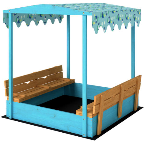 Bac à sable bois couvercle, coffre à sable extérieur enfant, banquette pliable toile flamants bleus