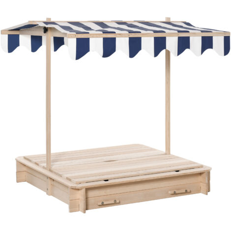 Bac à sable carré en bois pour enfants 106x106cm avec bancs et couvercle, auvent réglable