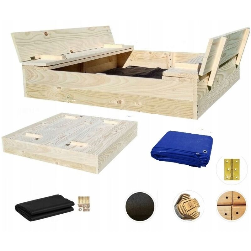 BAC À SABLE en bois, fermé, BANCS 120x120 cm