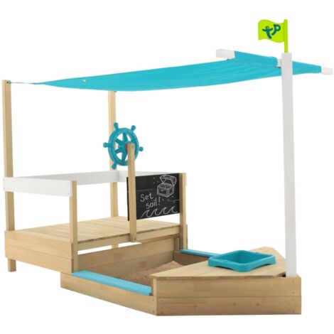 Bac A Sable En Bois Tp Bateau Pirate Ahoy Pour Enfants, Refermable Avec Toit Anti-uv Acc De Jeux Fsc Dim L92 X L180 X H118