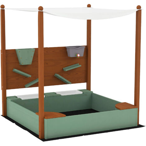Bac à sable pour enfants avec auvent pare-soleil, 2 bacs de rangement, 116L x 112,5l x 128H cm, bois de sapin, plastique, vert