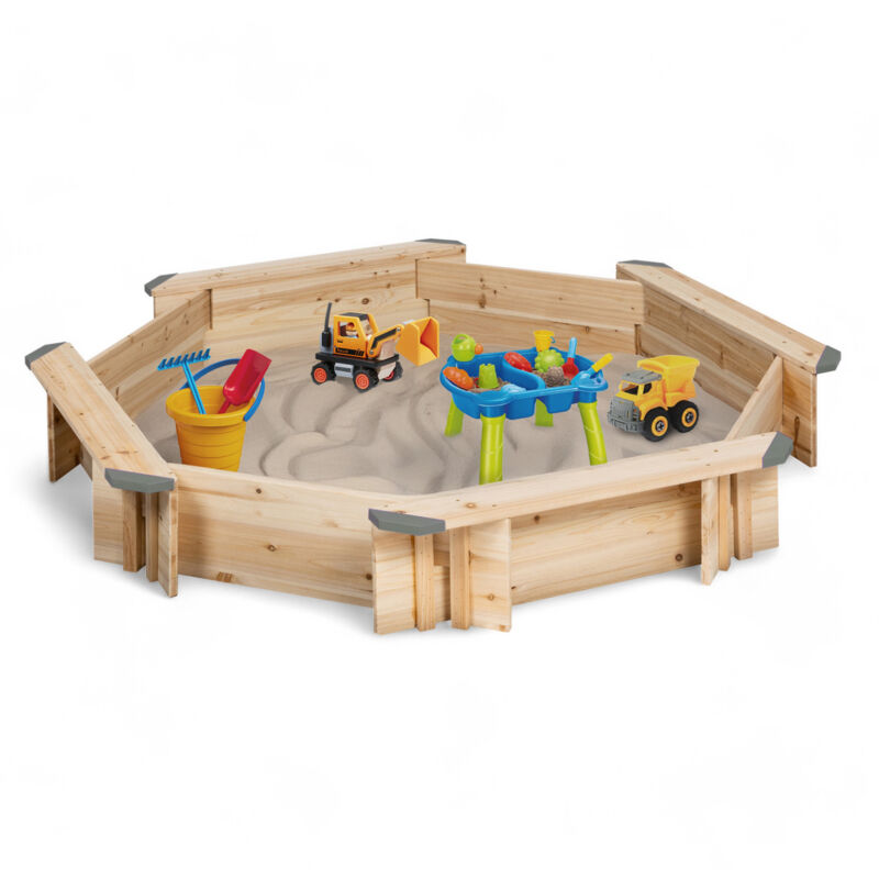 Bac à sable toys bois forme octogonale avec 4 bancs et bâches de protection