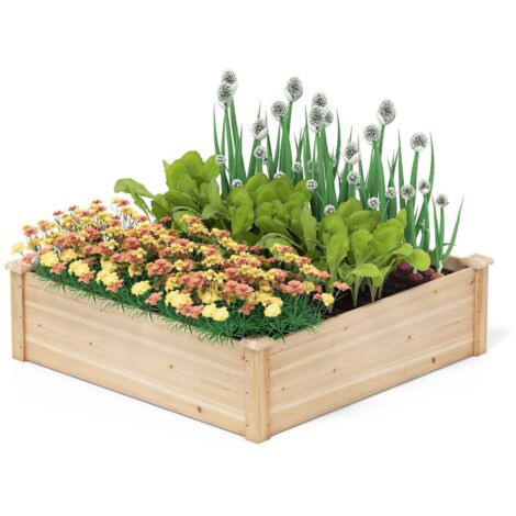 Bac de Jardin Carré Surélevé en Bois de Sapin 102 x 102 x 30 cm, Grand Bac à Planter à Base Ouverte, Structure Renforcée, Conteneur Naturel pour Terrasse, Jardin et Culture Légumes, Fleurs, Aromates