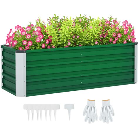 Bac de jardin rectangulaire en acier vert pour culture urbaine. Adapté aux terrasses et balcons, il accueille fleurs, légumes et plantes aromatiques.