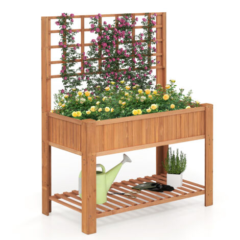 Bac de Jardin Surélevé en Bois avec Trellis, Bac à Planter Elevé à Pieds Orange, Bois de Sapin Massif pour Légumes, Fleurs et Plantes Grimpantes