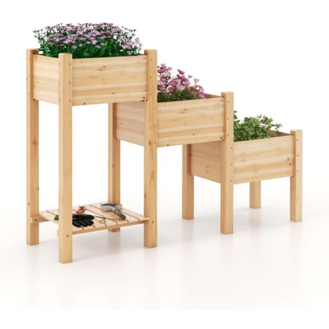 Bac de Jardin Surélevé en Bois de Sapin Naturel à 3 Niveaux, Bac à Planter Séparé avec Étagère de Rangement Ouverte, Système de Drainage, Ergonomique pour Fleurs, Légumes et Aromates
