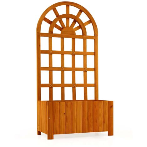 Bac de Jardin Surélevé en Bois Marron avec Treillis Latté 122 cm, Structure 2-en-1 avec Trous de Drainage, Supports Métalliques Renforcés, pour Plantes Grimpantes, Fleurs et Légumes Extérieur