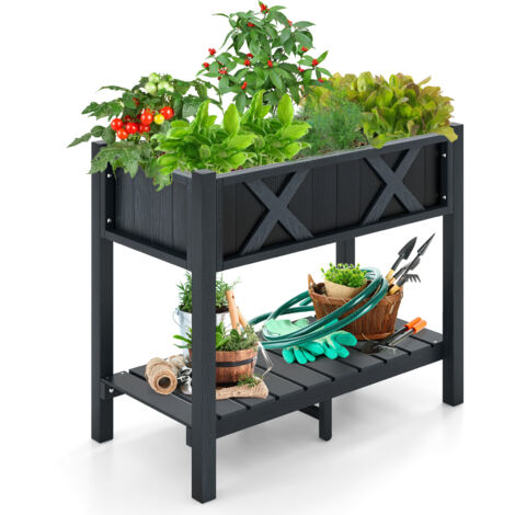 Bac de Jardin Surélevé en Matière HIPS Noir, Bac à Planter Haut Résistant aux Intempéries, Structure Renforcée avec Drainage, Design Décoratif X, Ergonomique pour Légumes, Fleurs et Aromates