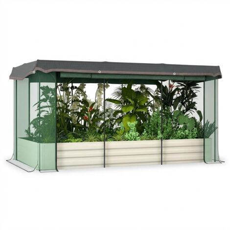 Bac de jardin surélevé galvanisé 3-en-1 : arrosage auto, serre & filet anti-insectes, Rectangle, 180x90x30cm, Beige