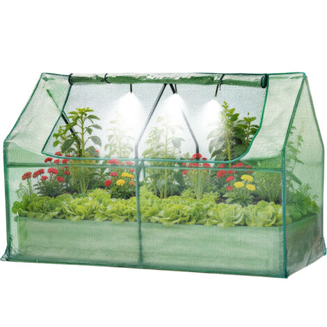 Bac de jardin surélevé galvanisé 3-en-1 : arrosage auto, serre & filet anti-insectes, type triangle, 180x90x30cm, Beige